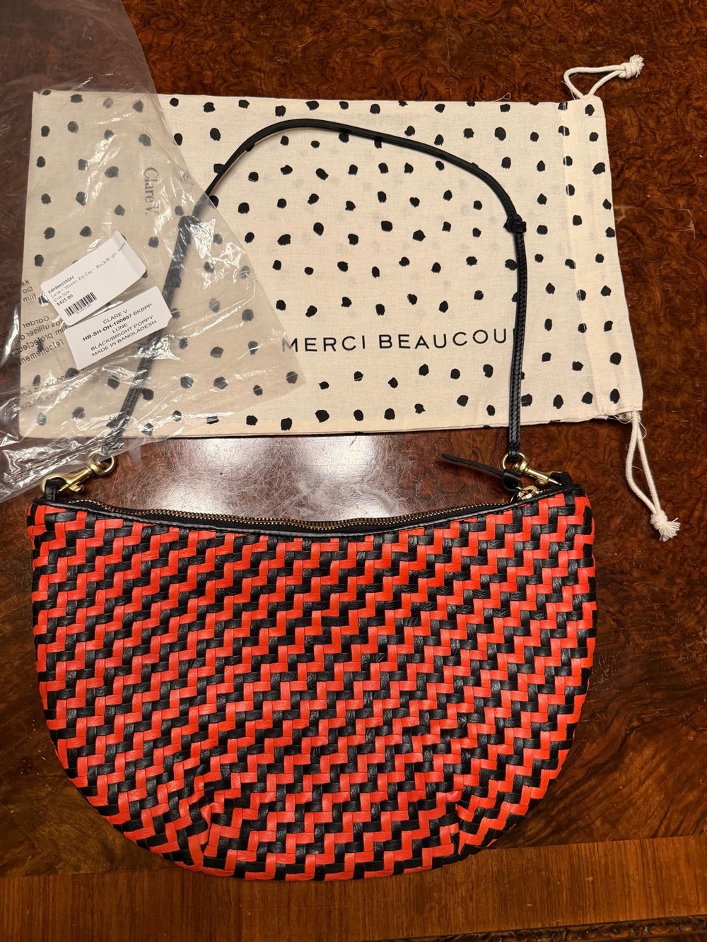 NWT Clare V Lune Bag in Black / Bright Poppy Woven Zig Zag Leather - Picture 6 of 10